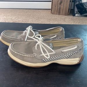 Grey & white polka dot Sperry top sider boat shoes